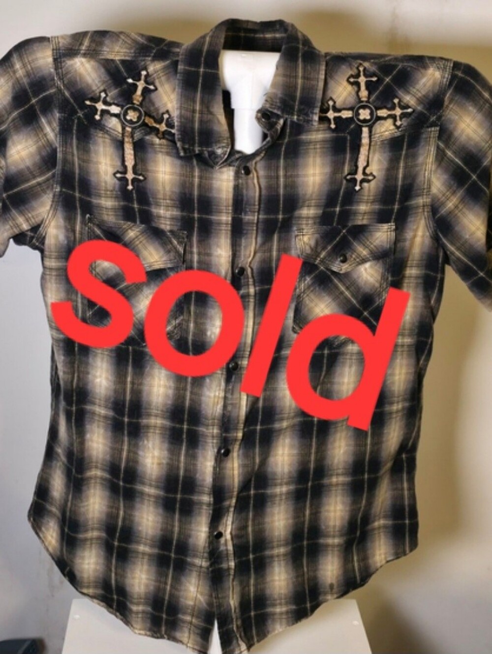 POP ICON CLOTHING Black and Cream Plaid Shirt with Cross Embroidery - Picture 1 of 11